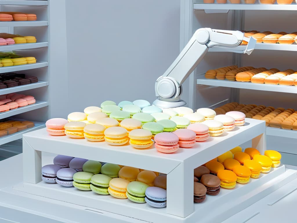  A minimalist, highly detailed image of a sleek, futuristic robot arm delicately arranging colorful pastel macarons on a perfectly organized bakery shelf. The robot arm is intricately designed with silver metallic accents, showcasing precision and efficiency in inventory management. The pastel hues of the macarons pop against the clean, white backdrop, creating a visually striking and modern representation of robotics in pastry inventory management. hyperrealistic, full body, detailed clothing, highly detailed, cinematic lighting, stunningly beautiful, intricate, sharp focus, f/1. 8, 85mm, (centered image composition), (professionally color graded), ((bright soft diffused light)), volumetric fog, trending on instagram, trending on tumblr, HDR 4K, 8K