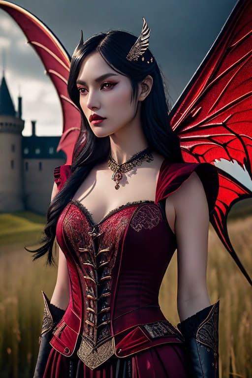  (masterpiece), (extremely intricate:1.3), (realistic), portrait of a 20 yea with fair skin, and black hair at is lossy pulled out, the most beautiful in the world, in the far background is a vampire gothic style castle up on a hill, (blood red gothic fantasy medieval armor), blood red shoulder armor, metal reflections, upper body, wearing a blood red Vampire Gothic style dress with dropping blood trim, with 6 demon fairy like wings coming out her back made out of blood, ornamental piercing the wings, swooped forward horns, professional photograph of a stunning woman detailed, sharp focus, dramatic, award winning, cinematic lighting, octane render, unreal engine, volumetrics dtx, (film grain) intense moonlight, 6horn out of  hyperrealistic, full body, detailed clothing, highly detailed, cinematic lighting, stunningly beautiful, intricate, sharp focus, f/1. 8, 85mm, (centered image composition), (professionally color graded), ((bright soft diffused light)), volumetric fog, trending on instagram, trending on tumblr, HDR 4K, 8K