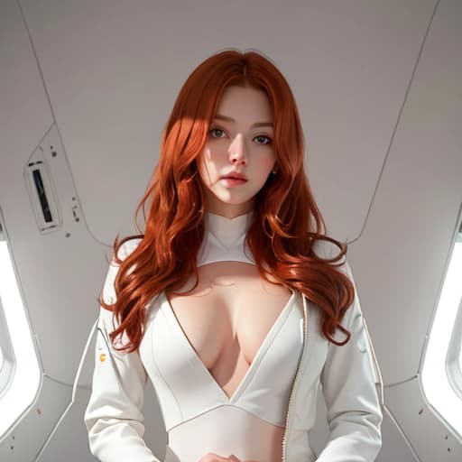  <lora:FilmVelvia3:0.6>, a portrait photography of a gorgeous redhead in open unbuttoned white space suit,, standing inside spaceship, attractive, flirting, looking at viewer, detailed skin, highly detailed, diffused soft lighting, hyperrealism, cinematic lighting