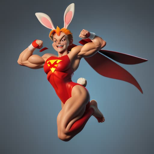  A funny rabbit as a superhero character with a very crazy, funny face and muscles And funny, cute, radiant feet.