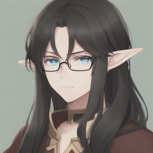  cute elf boy, with semi-long black hair, blue eyes, black glasses.