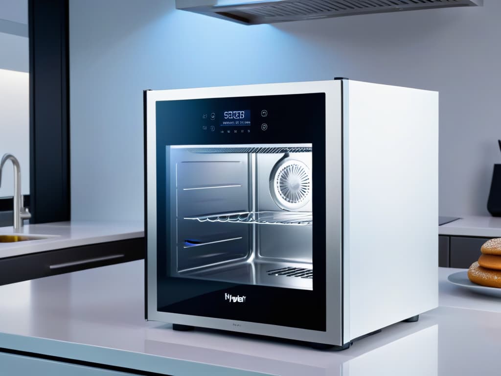  A minimalist and sleek image of a hightech adaptive kitchen appliance designed specifically for baking, featuring a touch screen interface, precision controls, and a futuristic aesthetic. The appliance is shown in a modern kitchen setting with soft, ambient lighting to highlight its innovative design and functionality. hyperrealistic, full body, detailed clothing, highly detailed, cinematic lighting, stunningly beautiful, intricate, sharp focus, f/1. 8, 85mm, (centered image composition), (professionally color graded), ((bright soft diffused light)), volumetric fog, trending on instagram, trending on tumblr, HDR 4K, 8K