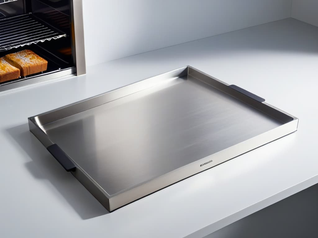  An ultradetailed, 8k resolution image of a sleek, modern stainless steel baking tray, gleaming under the bright kitchen lights. The tray is perfectly clean, showcasing its durability and highquality craftsmanship. The minimalistic design highlights the smooth surface and sharp edges, exuding a professional and inspiring aura that aligns with the informative tone of the article. hyperrealistic, full body, detailed clothing, highly detailed, cinematic lighting, stunningly beautiful, intricate, sharp focus, f/1. 8, 85mm, (centered image composition), (professionally color graded), ((bright soft diffused light)), volumetric fog, trending on instagram, trending on tumblr, HDR 4K, 8K