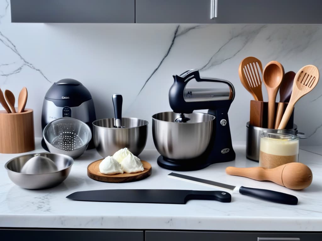  A sleek, minimalistic kitchen countertop adorned with an array of highend gourmet baking utensils meticulously organized on a pristine marble surface. The image showcases a selection of toptier tools such as stainless steel mixing bowls, precision measuring spoons, a sleek digital scale, a set of elegant silicone spatulas, and a professionalgrade piping bag with assorted tips. The utensils are arranged with precision, creating a visually striking and aspirational scene that embodies the essence of gourmet baking excellence and sophistication. hyperrealistic, full body, detailed clothing, highly detailed, cinematic lighting, stunningly beautiful, intricate, sharp focus, f/1. 8, 85mm, (centered image composition), (professionally color graded), ((bright soft diffused light)), volumetric fog, trending on instagram, trending on tumblr, HDR 4K, 8K