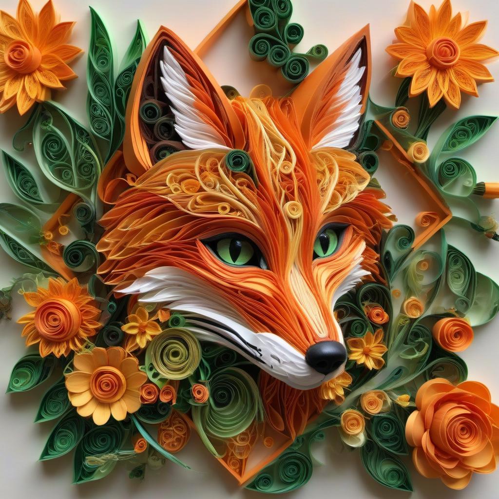  paper quilling art of Steampunk fox, Quilling, Green, Orange, roses, sunflowers, Flowers, watercolor. . intricate, delicate, curling, rolling, shaping, coiling, loops, 3D, dimensional, ornamental hyperrealistic, full body, detailed clothing, highly detailed, cinematic lighting, stunningly beautiful, intricate, sharp focus, f/1. 8, 85mm, (centered image composition), (professionally color graded), ((bright soft diffused light)), volumetric fog, trending on instagram, trending on tumblr, HDR 4K, 8K