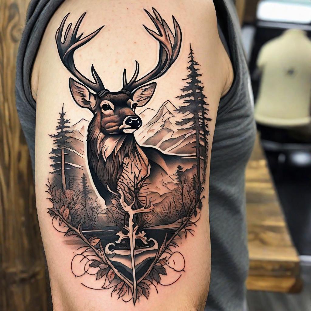  masterpiece, best quality, White tailed deer hunting and trout fishing half sleeve right arm tattoo design.