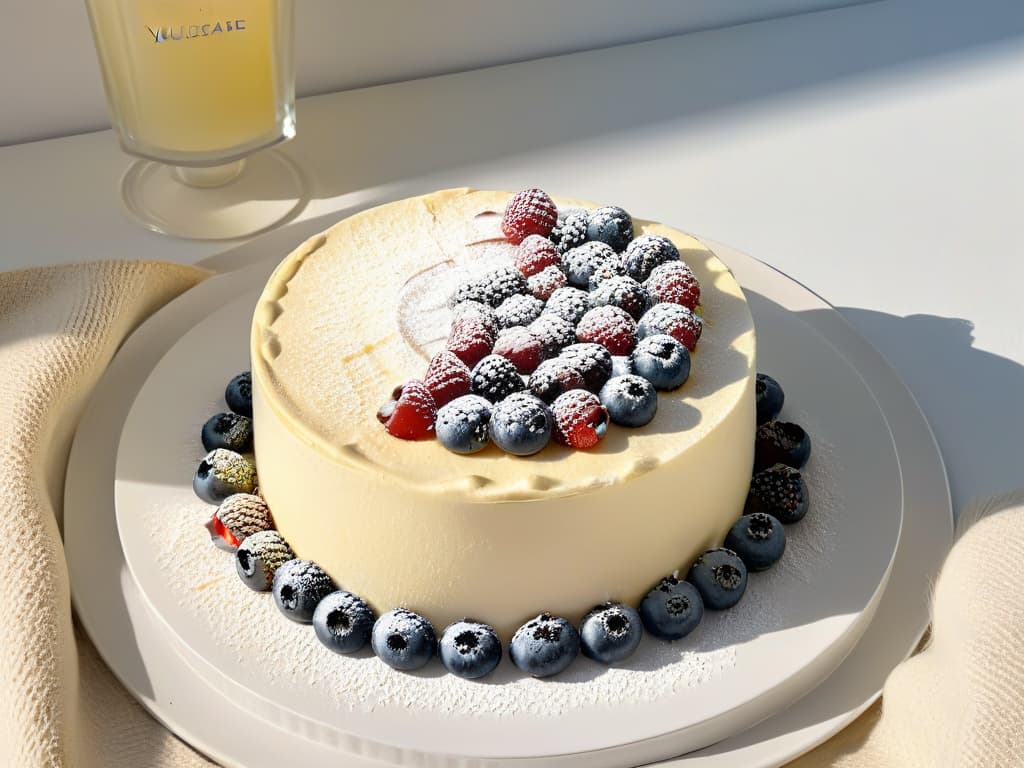  A minimalist, ultradetailed image of a decadent nobake cheesecake with a smooth, creamy texture, topped with vibrant, fresh mixed berries and a dusting of powdered sugar. The cheesecake is set on a sleek, modern white plate, accentuating the rich colors of the berries against the creamy backdrop of the dessert. The image is captured with such precision that every droplet of juice on the berries and every speck of sugar can be seen with astounding clarity, making the viewer almost able to taste the luscious combination of flavors just by looking at the image. hyperrealistic, full body, detailed clothing, highly detailed, cinematic lighting, stunningly beautiful, intricate, sharp focus, f/1. 8, 85mm, (centered image composition), (professionally color graded), ((bright soft diffused light)), volumetric fog, trending on instagram, trending on tumblr, HDR 4K, 8K