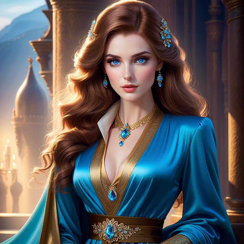  ethereal fantasy concept art of (A beautiful ) with knee length brown hair and very sad blue eyes. She had precise facial features, arched eyebrows, and pale, porcelain like skin. Her ears were not pointy, like all the others he knew, but small, neat, and rounded. She wore fine clothes, made according to the latest fashion: silk trousers the colour of early dawn, a gold brocade dressing gown with fur and tied with a sash. Her pale wrists were wrapped in tinkling celets, and her slender neck was adorned with a necklace made of frozen dewdrops. The beauty came closer, and the wolf cub ducked to the ground just in case. He saw the saffiano shoes with curved toes freeze right next to his muzzle. . magnificent, celestial,  hyperrealistic, full body, detailed clothing, highly detailed, cinematic lighting, stunningly beautiful, intricate, sharp focus, f/1. 8, 85mm, (centered image composition), (professionally color graded), ((bright soft diffused light)), volumetric fog, trending on instagram, trending on tumblr, HDR 4K, 8K