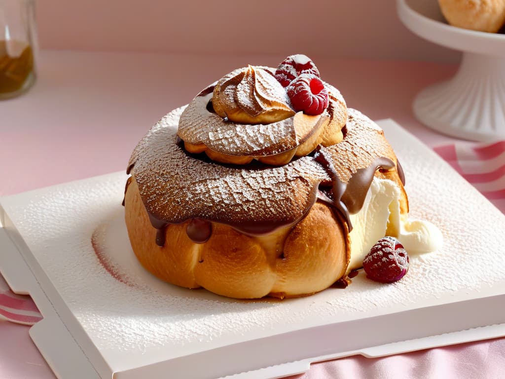  An ultradetailed, 8k resolution closeup image of a perfectly goldenbrown profiterole, dusted with a light sprinkle of powdered sugar. The profiterole is delicately cracked open to reveal a luscious, creamy filling spilling out, garnished with a single fresh raspberry on top. The image captures the rich textures and enticing colors of this delectable French pastry, inviting the viewer to indulge in its sweet and satisfying allure. hyperrealistic, full body, detailed clothing, highly detailed, cinematic lighting, stunningly beautiful, intricate, sharp focus, f/1. 8, 85mm, (centered image composition), (professionally color graded), ((bright soft diffused light)), volumetric fog, trending on instagram, trending on tumblr, HDR 4K, 8K