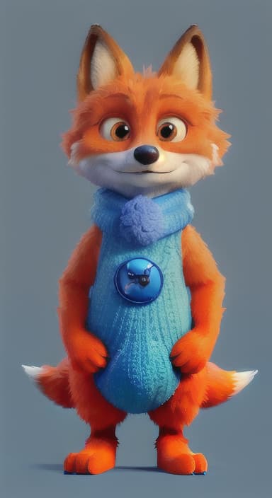  {Error the fox pressing the blue button with his paw, looking puzzled as nothing occurs., Error is a small, bright orange fox with a fluffy tail and big, inquisitive eyes. He has a mischievous yet kind expression and wears a tiny green scarf.