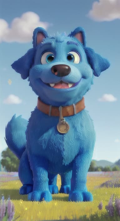  {A happy, big blue dog wagging its tail in a colorful meadow, The big blue dog is large with sky blue fur, big round eyes, a black nose, and floppy ears.