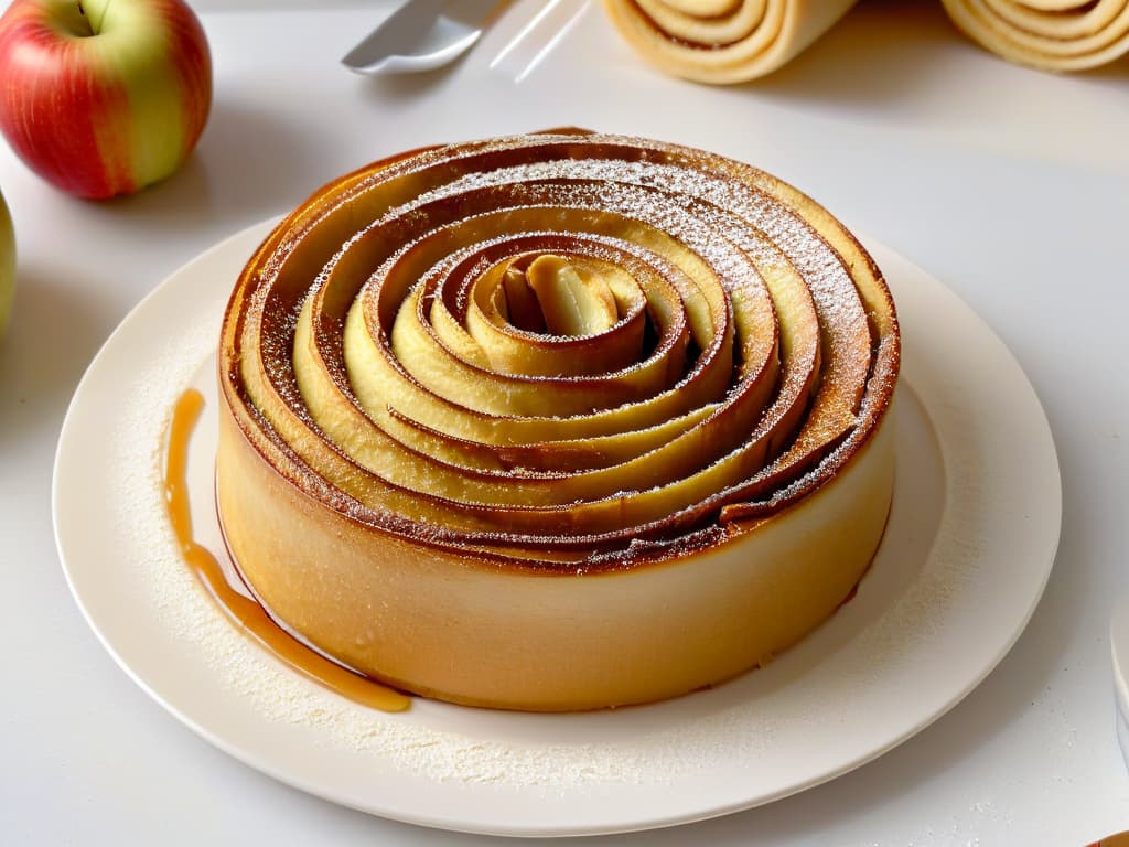  An ultradetailed image of goldenbrown cinnamon apple rolls arranged in a circular pattern on a sleek, modern white plate. The rolls are perfectly spiraled, showcasing layers of cinnamonsugar filling and tender apple slices peeking out. Each roll is dusted with a light sprinkle of powdered sugar, and a small drizzle of glossy caramel sauce elegantly pools around the base of the rolls. The plate rests on a marble countertop, with a soft, diffused natural light casting gentle shadows, highlighting the intricate textures and inviting warmth of the freshly baked pastries. hyperrealistic, full body, detailed clothing, highly detailed, cinematic lighting, stunningly beautiful, intricate, sharp focus, f/1. 8, 85mm, (centered image composition), (professionally color graded), ((bright soft diffused light)), volumetric fog, trending on instagram, trending on tumblr, HDR 4K, 8K