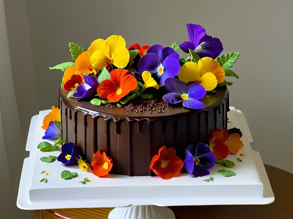  An ultradetailed, photorealistic image of a decadent chocolate cake adorned with vibrant edible flowers such as pansies, violets, and nasturtiums. The cake is elegantly displayed on a white porcelain cake stand, with intricate piping details and delicate flower petals cascading down the sides. The edible flowers are meticulously placed with precision, adding a pop of color and a touch of natural beauty to the rich, indulgent dessert. The lighting is soft and warm, highlighting the glossy sheen of the chocolate ganache and the intricate textures of the petals. hyperrealistic, full body, detailed clothing, highly detailed, cinematic lighting, stunningly beautiful, intricate, sharp focus, f/1. 8, 85mm, (centered image composition), (professionally color graded), ((bright soft diffused light)), volumetric fog, trending on instagram, trending on tumblr, HDR 4K, 8K