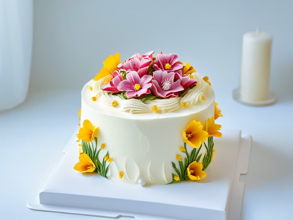  A minimalistic image of a beautifully decorated homemade cake on a pristine white cake stand, with intricate piping details and delicate edible flowers adorning the top. The cake is perfectly lit to highlight its texture and design, creating a visually stunning and appetizing centerpiece. The background is softly blurred to keep the focus solely on the artistry and craftsmanship of the cake. hyperrealistic, full body, detailed clothing, highly detailed, cinematic lighting, stunningly beautiful, intricate, sharp focus, f/1. 8, 85mm, (centered image composition), (professionally color graded), ((bright soft diffused light)), volumetric fog, trending on instagram, trending on tumblr, HDR 4K, 8K