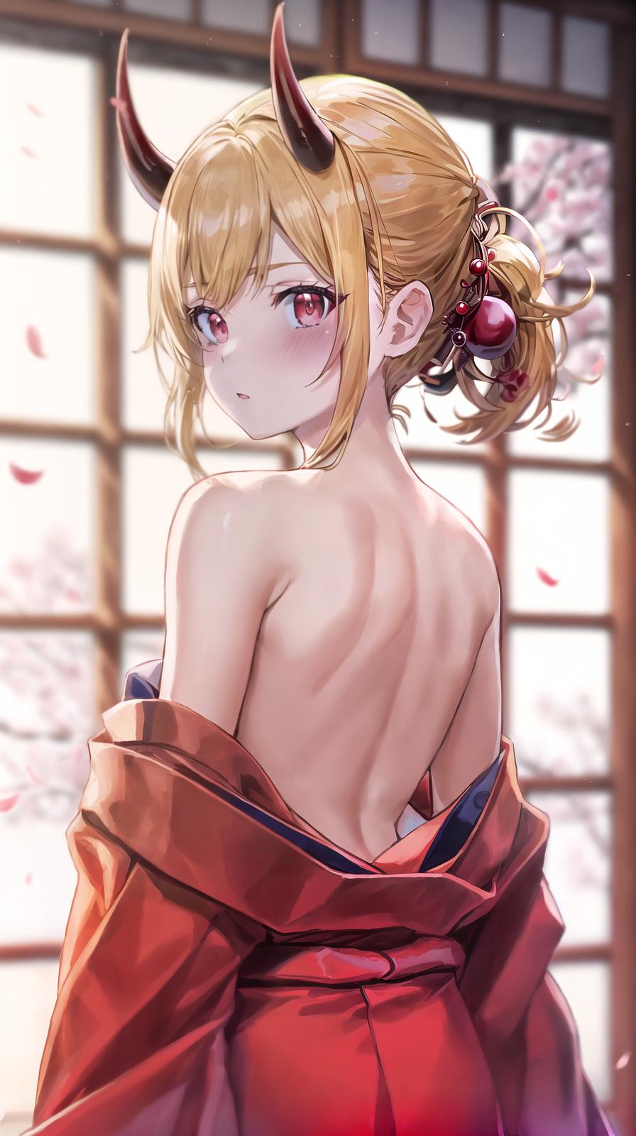  master piece , best quality,score 9, score 8 up, score 7 up, score 6 up, source anime, oni, kitagawa marin, oni horns, skin covered horns, japanese clothes, red kimono, solo, blonde hair, red eyes, cowboy shot, indoors, bare shoulders, from behind, looking back, blush, cherry blossoms, depth of field, masterpeice, best quality, very aesthetic, absurdres