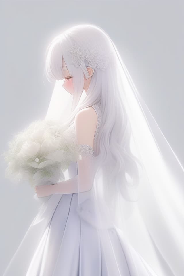  (Gentle illustration style) ((upper body closed up)) (Yuri flower is displayed), Masterpiece, (Back View) (Profile) (Beautiful Silver Hair) d Dress On White Fabric) (Long Transparent Veil), High Quality, 8k