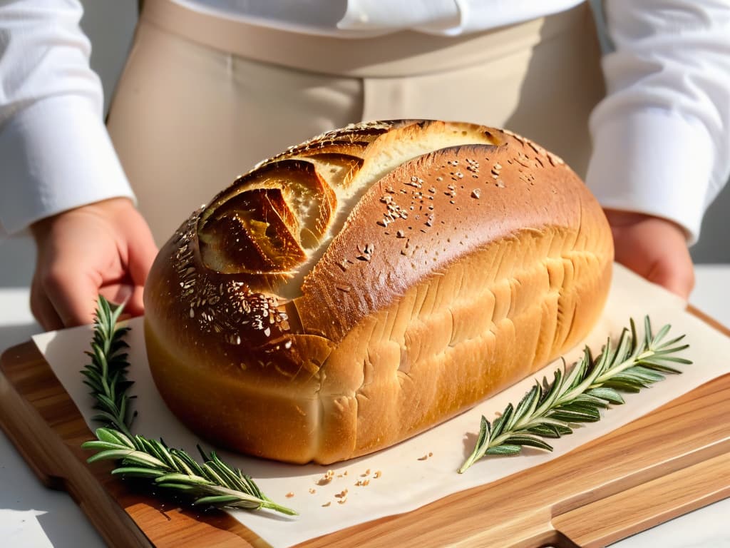  An ultradetailed, 8k resolution image of a delicate, intricate sourdough bread loaf being sliced open to reveal its airy crumb structure, surrounded by a scattering of whole grains and a sprig of fresh rosemary, all set against a clean, white backdrop. hyperrealistic, full body, detailed clothing, highly detailed, cinematic lighting, stunningly beautiful, intricate, sharp focus, f/1. 8, 85mm, (centered image composition), (professionally color graded), ((bright soft diffused light)), volumetric fog, trending on instagram, trending on tumblr, HDR 4K, 8K