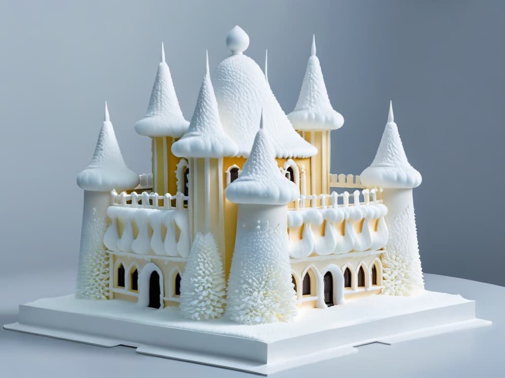  An ultradetailed, minimalist image of a meticulously crafted sugar sculpture resembling a grand French chateau, showcasing the intricate artistry and culinary skills synonymous with Antonin Carême. The sculpture is set against a stark white backdrop, allowing every delicate detail to shine and highlighting the elegance and precision characteristic of Carême's pastry creations. hyperrealistic, full body, detailed clothing, highly detailed, cinematic lighting, stunningly beautiful, intricate, sharp focus, f/1. 8, 85mm, (centered image composition), (professionally color graded), ((bright soft diffused light)), volumetric fog, trending on instagram, trending on tumblr, HDR 4K, 8K