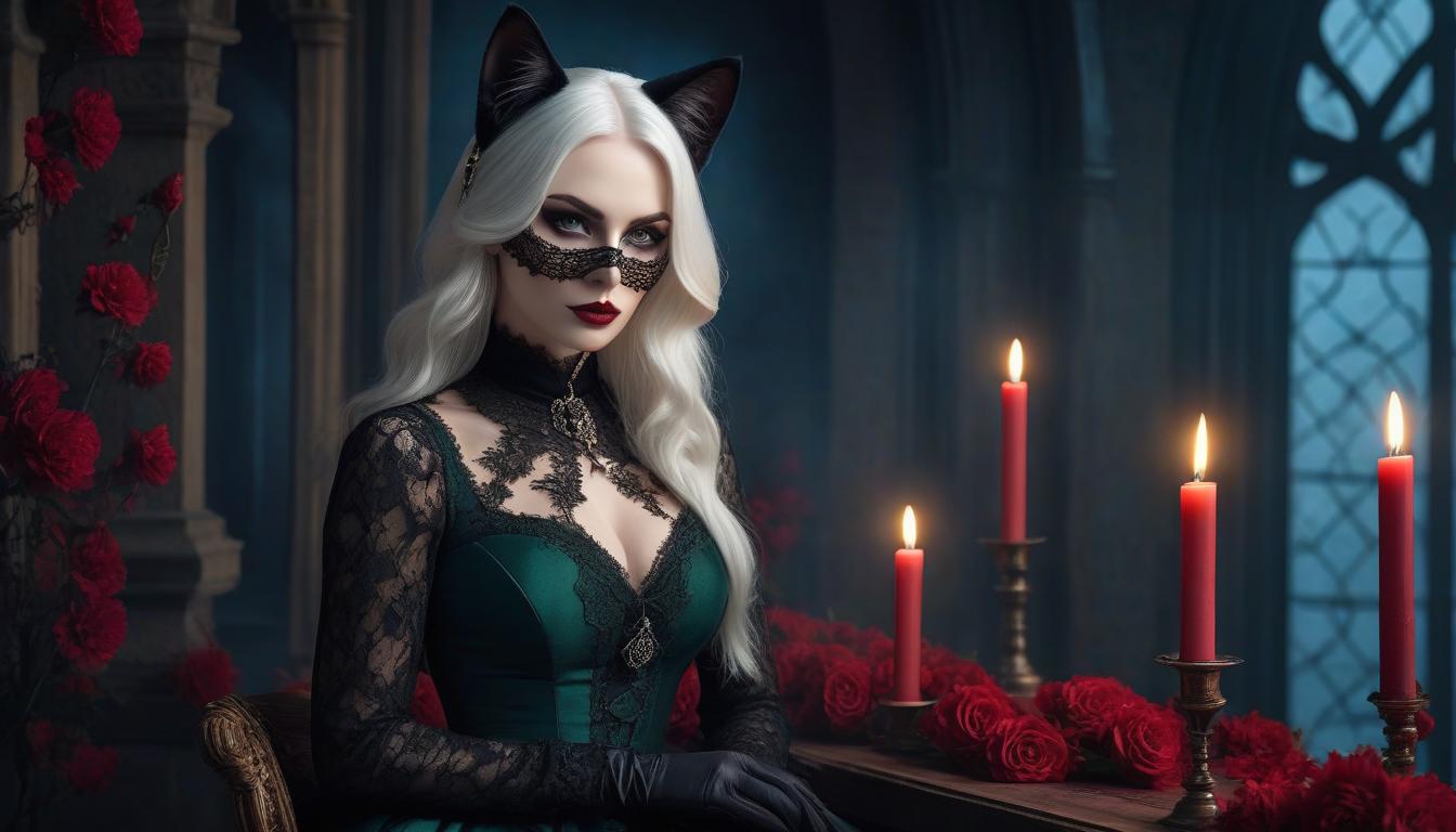  A beautiful with white hair and very pale skin with a blush on her cheeks, big eyes, a lace lace mask on her face with thin facial features and plump lips in a gothic style, wearing a dark green dress with lace and many candles in candelas, red flowers, a lunar glow, blue lighting, a red amulet around her neck, a cup with red wine, a realistic image of a black cat on her , a blurry background. hyperrealistic, full body, detailed clothing, highly detailed, cinematic lighting, stunningly beautiful, intricate, sharp focus, f/1. 8, 85mm, (centered image composition), (professionally color graded), ((bright soft diffused light)), volumetric fog, trending on instagram, trending on tumblr, HDR 4K, 8K