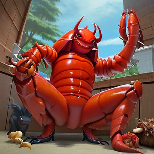  a big, evil lobster, with a pet chicken