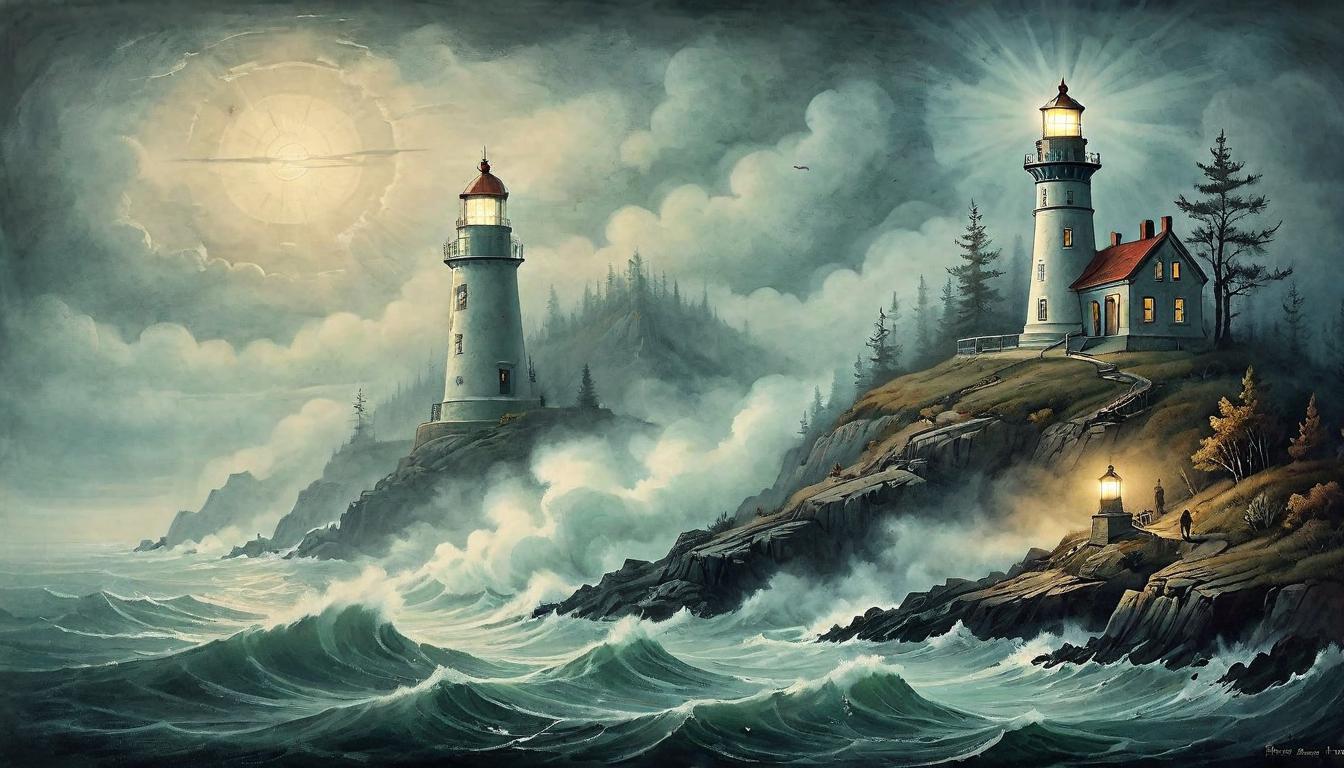  on parchment, surrealism+++, A lighthouse standing firm on a rugged coastline, its beam cutting through fog to guide ships home, symbolizing the value of guiding others by divine purpose rather than material means, beacon of hope, guidance amidst obscurity.(mysterious, provocative, symbolic,muted color)+++