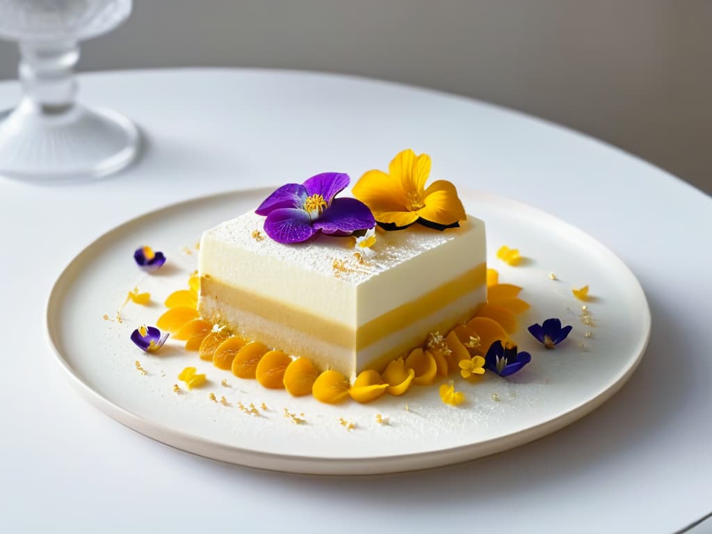  A minimalist and elegant image of a beautifully plated multisensory dessert, showcasing intricate layers of textures and colors, topped with delicate edible flowers and a dusting of gold flakes. The dessert sits on a pristine white plate, set against a soft, neutral backdrop, with subtle lighting that accentuates the details and craftsmanship of the dessert. hyperrealistic, full body, detailed clothing, highly detailed, cinematic lighting, stunningly beautiful, intricate, sharp focus, f/1. 8, 85mm, (centered image composition), (professionally color graded), ((bright soft diffused light)), volumetric fog, trending on instagram, trending on tumblr, HDR 4K, 8K