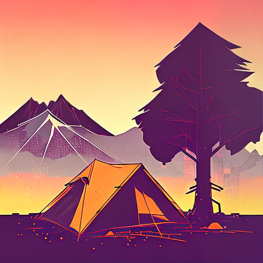 nvinkpunk Whimsical mountains with trees, camping tent and fire