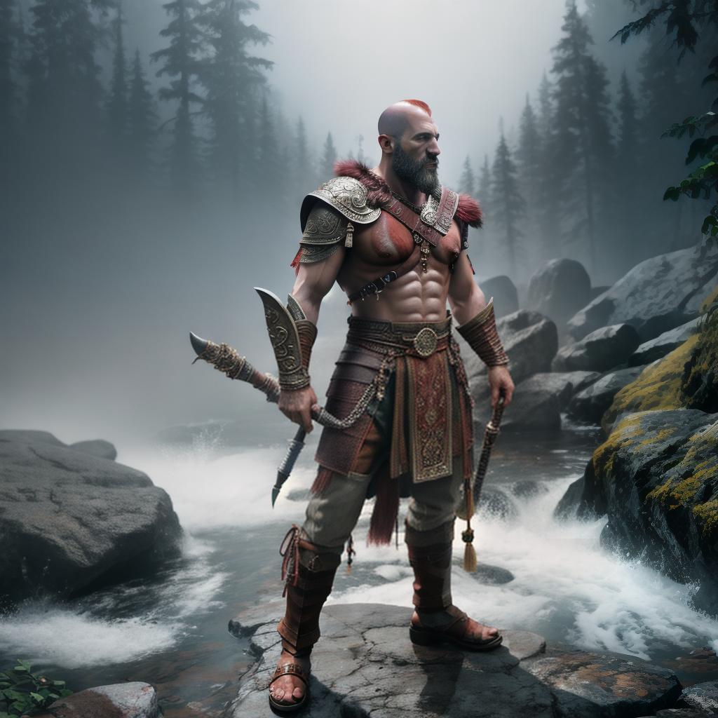  God of war hyperrealistic, full body, detailed clothing, highly detailed, cinematic lighting, stunningly beautiful, intricate, sharp focus, f/1. 8, 85mm, (centered image composition), (professionally color graded), ((bright soft diffused light)), volumetric fog, trending on instagram, trending on tumblr, HDR 4K, 8K