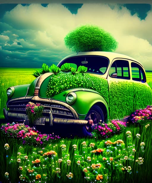 estilovintedois Car green grass with flowers