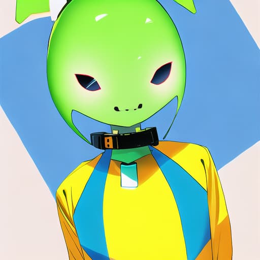  👽, alien wearing a shirt with a collar, collar is mixed yellow and blue