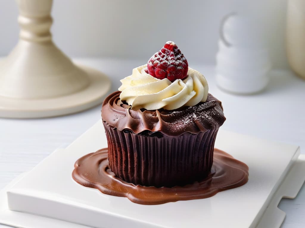  A closeup, ultradetailed image of a single vegan cupcake with a perfectly swirled, glossy chocolate ganache frosting, garnished with a single fresh raspberry on top. The cupcake is placed on a sleek, modern white plate with subtle textured details, set against a clean, softfocus background to emphasize the intricate details of the frosting and the vibrant color of the raspberry. hyperrealistic, full body, detailed clothing, highly detailed, cinematic lighting, stunningly beautiful, intricate, sharp focus, f/1. 8, 85mm, (centered image composition), (professionally color graded), ((bright soft diffused light)), volumetric fog, trending on instagram, trending on tumblr, HDR 4K, 8K