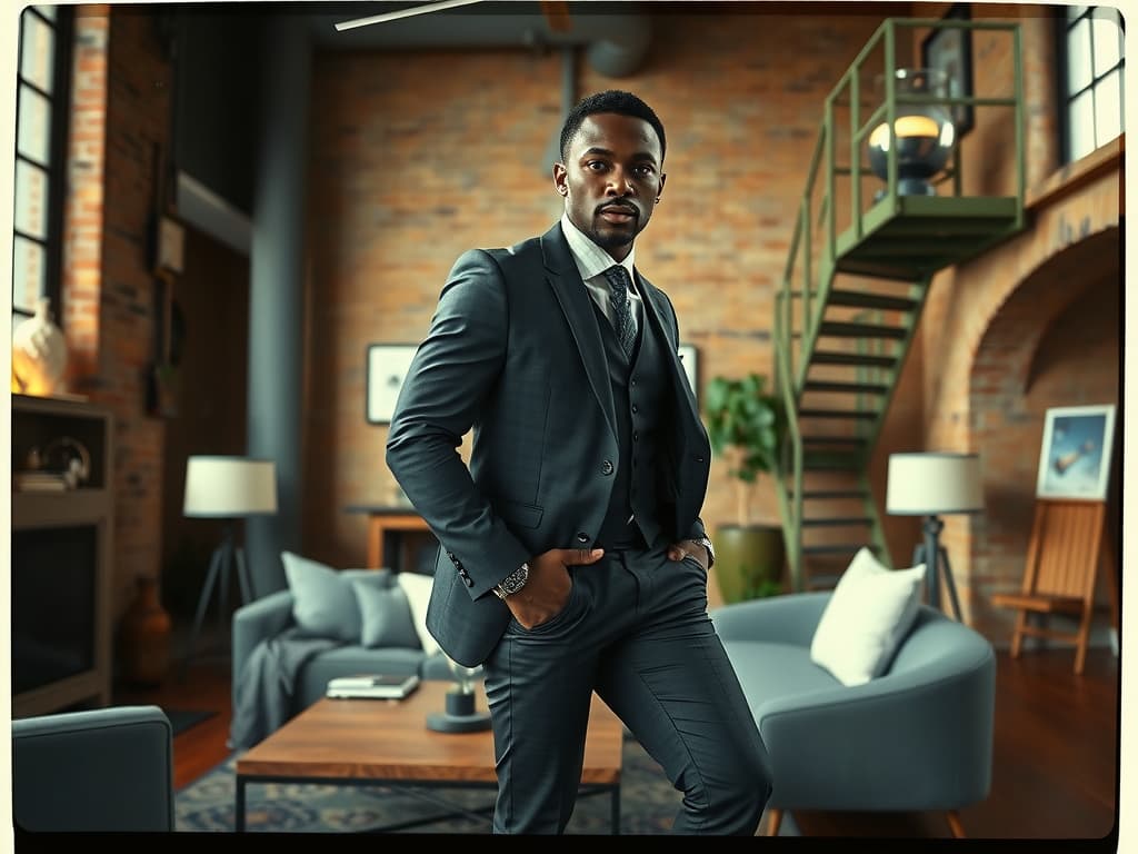  capture a stunningly beautiful, hyperrealistic 8k photograph of a slim, fit afrodescendant man in his 30s with an athletic build, styled in a tailored suit and trendy accessories like watches and polished shoes. set in an industrial style living room with exposed brick and metal elements, the scene uses a subdued color scheme with reduced saturation, highlighting intricate details and fractal patterns in the architecture and furnishings. the photograph, inspired by mario testino, features nocturnal lighting and a nostalgic vintage style, captured unedited on a polaroid sx70 to emphasize its raw, authentic quality.