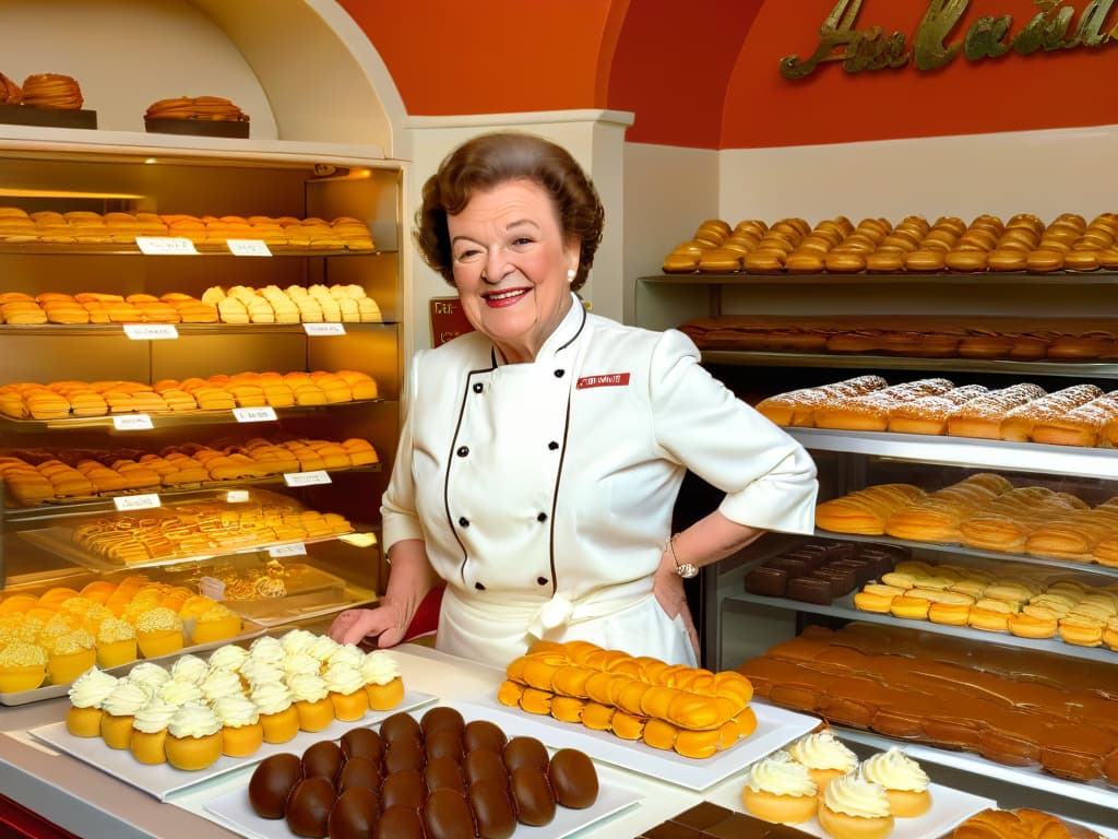  A highresolution, minimalist image of Julia Child in her iconic chef's attire, standing proudly in a French patisserie filled with elegantly displayed pastries and cakes. The focus is on her joyful expression as she interacts with a group of diverse individuals, all captivated by her culinary skills. The background showcases shelves lined with colorful macarons, croissants, and other French desserts, emphasizing the artistry and legacy of Julia Child in the world of French pastry. hyperrealistic, full body, detailed clothing, highly detailed, cinematic lighting, stunningly beautiful, intricate, sharp focus, f/1. 8, 85mm, (centered image composition), (professionally color graded), ((bright soft diffused light)), volumetric fog, trending on instagram, trending on tumblr, HDR 4K, 8K