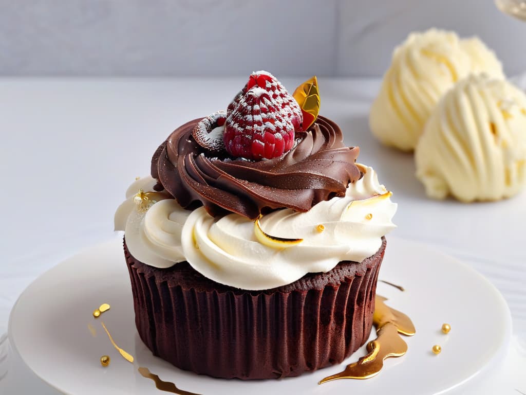  A stunningly detailed closeup image of a perfectly frosted vegan chocolate cupcake, topped with a single fresh raspberry and a sprinkle of edible gold flakes. The cupcake sits on a sleek, white marble surface, with soft natural light gently illuminating its glossy surface, showcasing the intricate swirls of frosting and the vibrant pop of red from the raspberry. Every tiny detail, from the delicate ridges of the frosting to the glistening gold flakes, is crystal clear in this ultrahighresolution image, inviting viewers to appreciate the artistry and flavor of vegan baking. hyperrealistic, full body, detailed clothing, highly detailed, cinematic lighting, stunningly beautiful, intricate, sharp focus, f/1. 8, 85mm, (centered image composition), (professionally color graded), ((bright soft diffused light)), volumetric fog, trending on instagram, trending on tumblr, HDR 4K, 8K