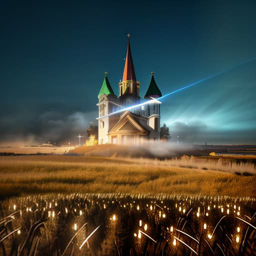  Church in Vyzhanovo field against the backdrop of rocket launch. hyperrealistic, full body, detailed clothing, highly detailed, cinematic lighting, stunningly beautiful, intricate, sharp focus, f/1. 8, 85mm, (centered image composition), (professionally color graded), ((bright soft diffused light)), volumetric fog, trending on instagram, trending on tumblr, HDR 4K, 8K
