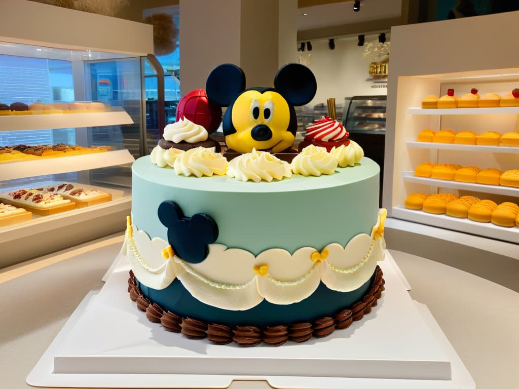  A minimalist image featuring a sleek, modern bakery storefront with a large window showcasing a display of beautifully designed licensed character desserts. The focus is on the intricate details of the desserts, such as a whimsical Mickey Mouse cupcake, a sophisticated Harry Potterthemed cake, and a colorful SpongeBob SquarePants macaron. The clean lines and subtle color palette of the bakery interior enhance the visual appeal of the licensed character treats, conveying a sense of professionalism and creativity in the world of characterinspired desserts. hyperrealistic, full body, detailed clothing, highly detailed, cinematic lighting, stunningly beautiful, intricate, sharp focus, f/1. 8, 85mm, (centered image composition), (professionally color graded), ((bright soft diffused light)), volumetric fog, trending on instagram, trending on tumblr, HDR 4K, 8K