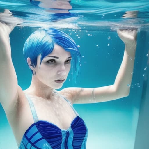  woman under water with short blue hair no reaction