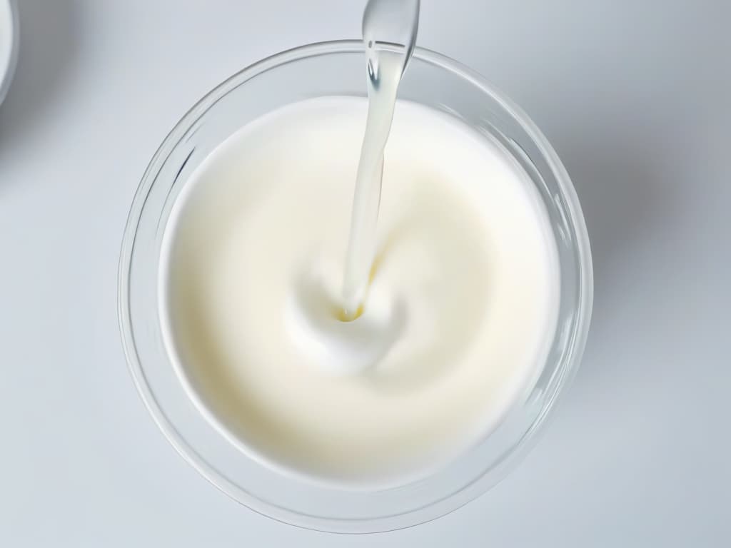  A serene, minimalist image of a creamy vegan milk being poured into a sleek, modern glass bowl, captured from a topdown perspective. The smooth liquid forms gentle ripples as it settles, reflecting a soft, warm light that highlights the rich texture and pure whiteness of the milk. The background is a simple, clean surface that enhances the purity and simplicity of the scene, evoking a sense of tranquility and sophistication. hyperrealistic, full body, detailed clothing, highly detailed, cinematic lighting, stunningly beautiful, intricate, sharp focus, f/1. 8, 85mm, (centered image composition), (professionally color graded), ((bright soft diffused light)), volumetric fog, trending on instagram, trending on tumblr, HDR 4K, 8K