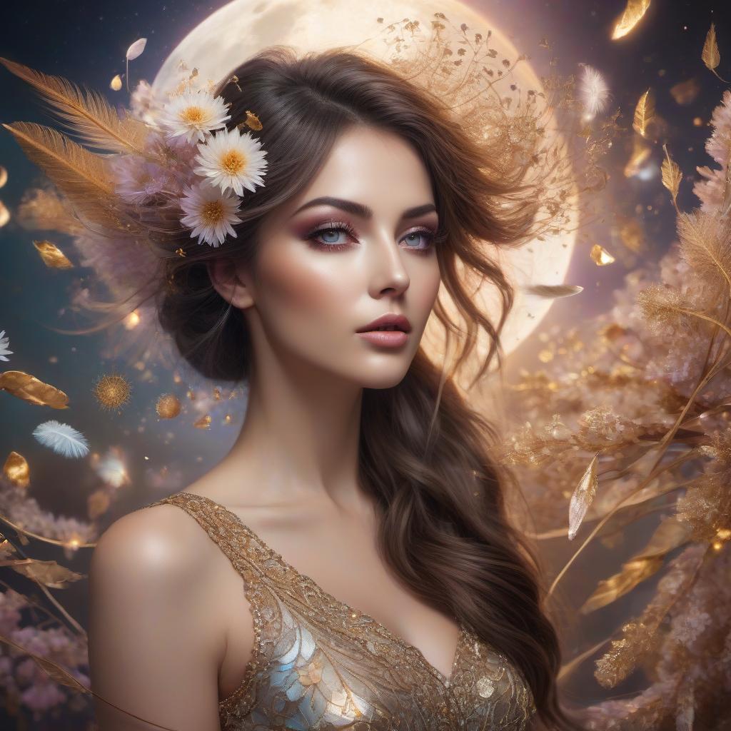  cinematic photo "Shimmering swirling glitter, filigree, strybk style, muted, colors, luminescent, watercolor style, extremely cute iridescent beautiful woman, highly realistic expressive eyes, adorned with flowers and feathers, luminicsm, soft background with swirls and an extremely big luminescent moon, digital painting, highly detailed, intricated, intricated pose, clarity, high quality, magic realism, dandelion seeds, Lively and playful, Harmonious golden ratio composition, Burst of neutral colors and lights, Dynamic energy, whirlwind of creative energy, swirling colors, energy, textures, breathtaking beauty, pure perfection, unforgettable, impressive, breathtaking beauty, Volumetric light, auras, rays, neon ambiance, abstract black oil, hyperrealistic, full body, detailed clothing, highly detailed, cinematic lighting, stunningly beautiful, intricate, sharp focus, f/1. 8, 85mm, (centered image composition), (professionally color graded), ((bright soft diffused light)), volumetric fog, trending on instagram, trending on tumblr, HDR 4K, 8K