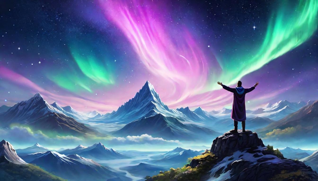  digital illustration, A human figure with flowing robes, standing on a mountain peak, arms raised to the sky, starry night backdrop, aurora borealis swirling above, illuminated connection with cosmos, divine energy, unity, looking at viewer, dynamic pose, (intricate details, masterpiece, best quality)