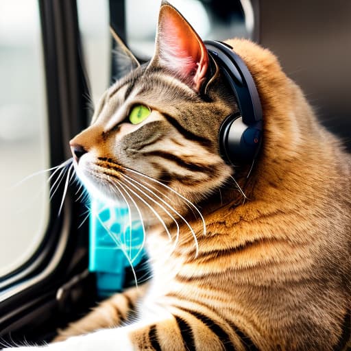 nvinkpunk Realistic image of a cat wearing headphones and reading glasses while riding a bus., breathtaking hyperrealistic, full body, detailed clothing, highly detailed, cinematic lighting, stunningly beautiful, intricate, sharp focus, f/1. 8, 85mm, (centered image composition), (professionally color graded), ((bright soft diffused light)), volumetric fog, trending on instagram, trending on tumblr, HDR 4K, 8K