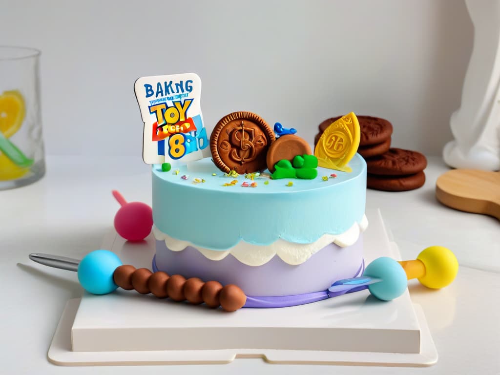  An 8k ultradetailed image of a sleek, minimalistic baking set inspired by Toy Story, featuring pastel colors and subtle character motifs on each utensil. The set includes a rolling pin, cookie cutters, measuring spoons, and a whisk, all elegantly displayed on a pristine marble countertop with soft natural lighting casting gentle shadows. Each piece is expertly crafted with precision and attention to detail, embodying the whimsical charm of the beloved Toy Story characters while maintaining a sophisticated and professional aesthetic. hyperrealistic, full body, detailed clothing, highly detailed, cinematic lighting, stunningly beautiful, intricate, sharp focus, f/1. 8, 85mm, (centered image composition), (professionally color graded), ((bright soft diffused light)), volumetric fog, trending on instagram, trending on tumblr, HDR 4K, 8K