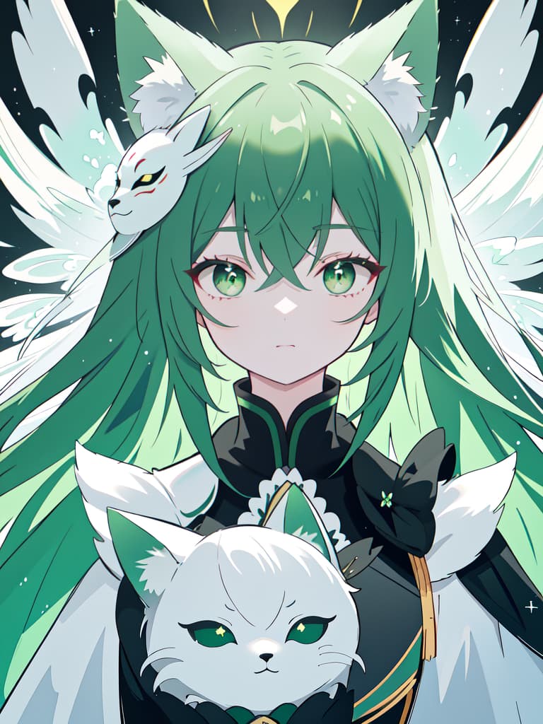  Green hair black suit with a white fox mask on the face, masterpiece, best quality,8k,ultra detailed,high resolution,an extremely delicate and beautiful,hyper detail