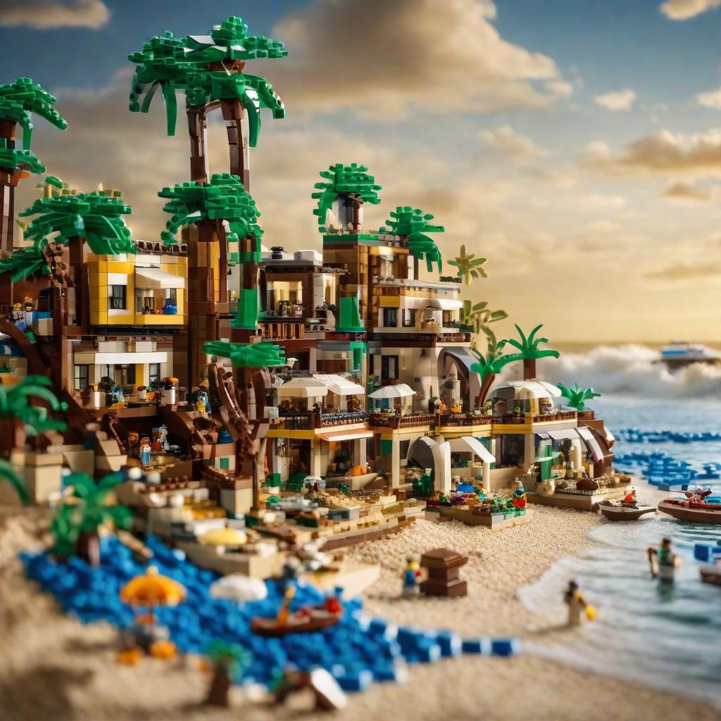  masterpiece, best quality, A captivating 3D and 2D Lego rendition of Playa de Jamaica, a stunning beach destination. The intricate design features the iconic palm trees, sun loungers, and a crystal-clear blue sea with waves. A vibrant sun illuminates the sky, and the sandy beach is dotted with Lego tourists enjoying their time. The Lego pieces are in various shades of brown, green, blue, and white, creating a visually appealing and detailed landscape.