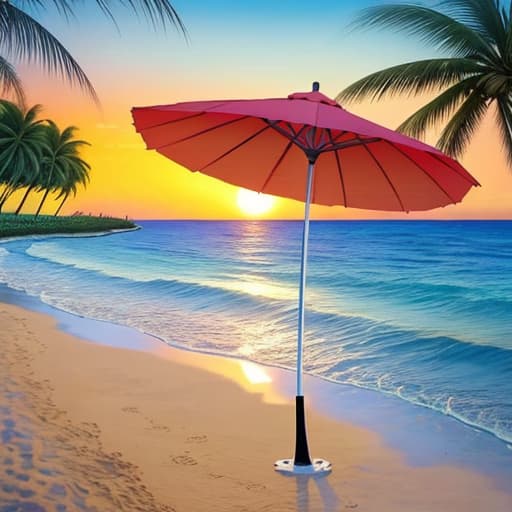  Sunset, beach, coconut tree, beauty, waves, parasol,