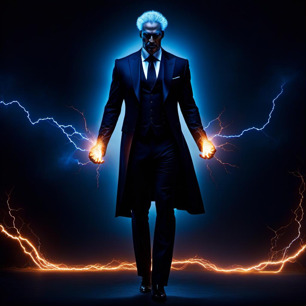  macabre style Master of electromagnetic elements in the black business suit , kirlian style, crackling energy illuminating the space around him, core in deep blue tones with pulsations of electricity, ultra realistic digital painting, dramatic lighting, highly detailed, dramatic shadows. . dark, gothic, grim, haunting, highly detailed hyperrealistic, full body, detailed clothing, highly detailed, cinematic lighting, stunningly beautiful, intricate, sharp focus, f/1. 8, 85mm, (centered image composition), (professionally color graded), ((bright soft diffused light)), volumetric fog, trending on instagram, trending on tumblr, HDR 4K, 8K