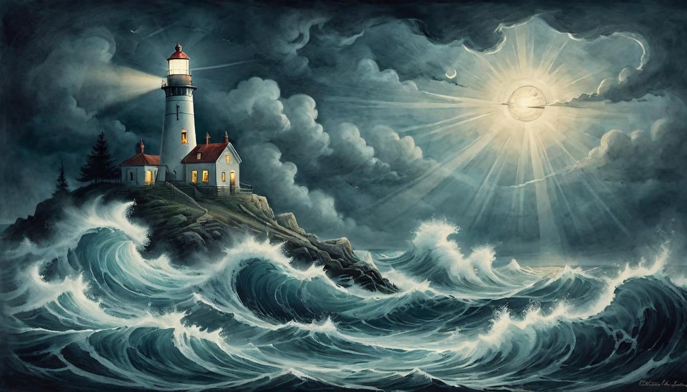  on parchment, surrealism+++, A lighthouse casting a focused beam into a tumultuous sea at night, guiding those adrift towards safety, beacon of support(mysterious, provocative, symbolic,muted color)+++