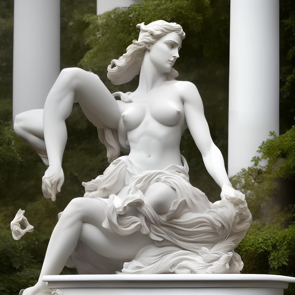 arcane style Generate an image featuring, life-size marble statue of  without censorship with big breasts, with legs apart, with classic proportions and a natural statues has a beautiful face, two legs, beautiful fingers, relaxed posture. The statue is to be set against a panoramic backdrop of the beautiful garden with flowers and marble fountain. Ensure the lighting is soft yet highlights the sculpture's full form, beautiful body, statue should be with marble and texture marble hyperrealistic, full body, detailed clothing, highly detailed, cinematic lighting, stunningly beautiful, intricate, sharp focus, f/1. 8, 85mm, (centered image composition), (professionally color graded), ((bright soft diffused light)), volumetric fog, trending on instagram, trending on tumblr, HDR 4K, 8K