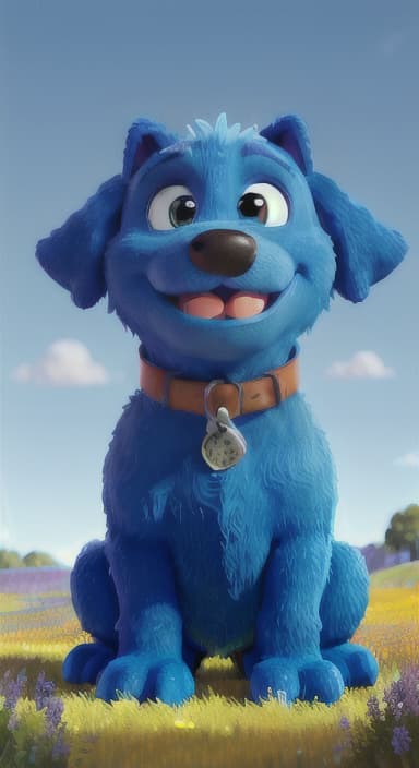  {A happy, big blue dog wagging its tail in a colorful meadow, The big blue dog is large with sky blue fur, big round eyes, a black nose, and floppy ears.