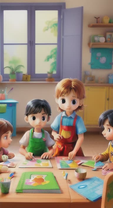  {Children gathered around a table full of paints, brushes, and paper., Kids wearing aprons, concentrating on their painting with bright colors on paper.